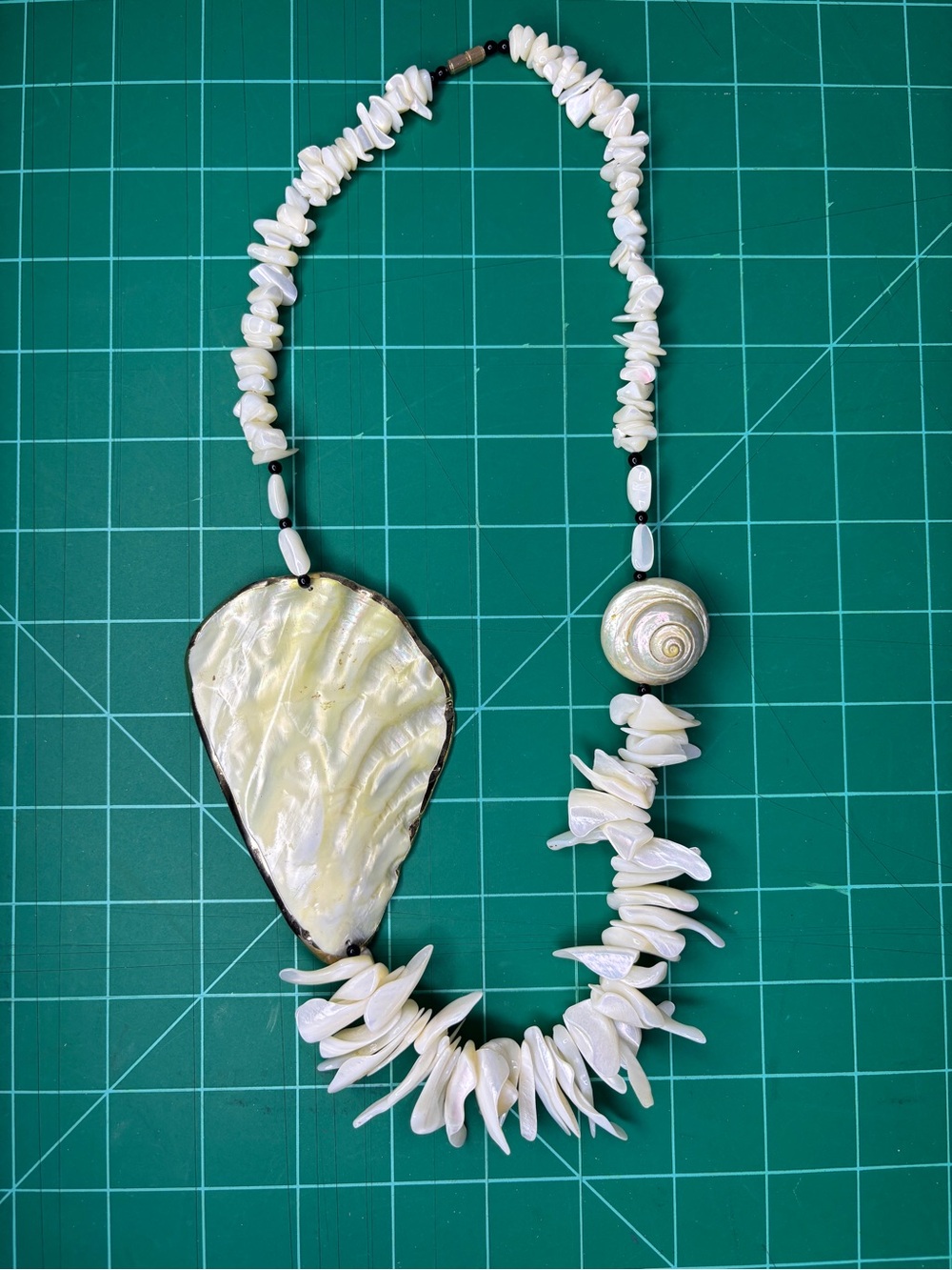 Vintage White Shell Statement Necklace Mother-of-Pearl Accents 14K Gold Trim